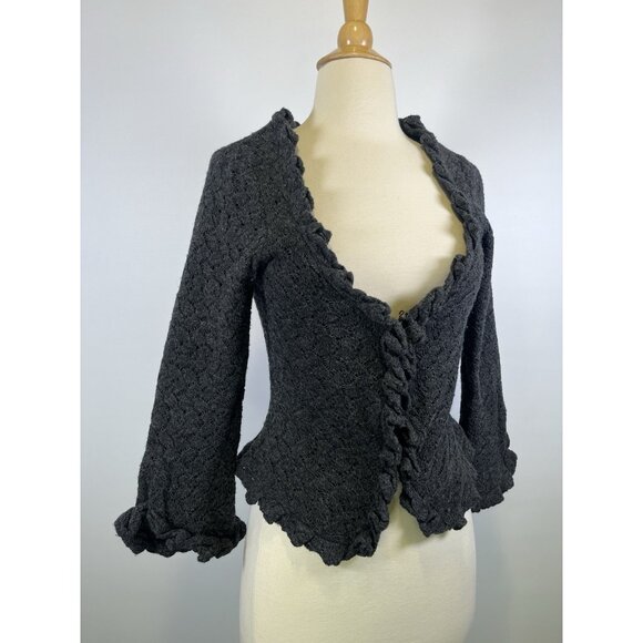 Anthropologie Guinevere Ruffled Cardigan Top Lambswool Grey Small Romantic - Picture 2 of 13